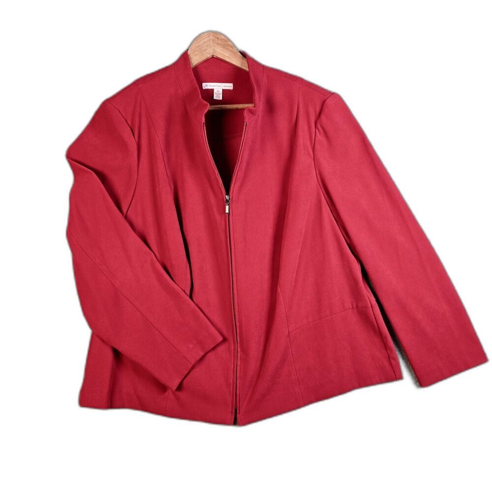 JM Collection Woman Jacket Blazer 18W Red Suede Like Zip Front Plus Workwear